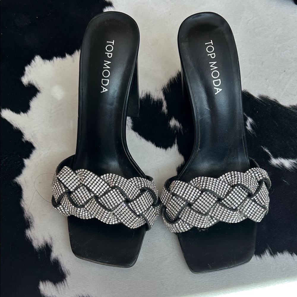 TOP Moda Black Braided Crystal Slide Mules